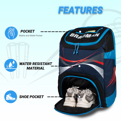 Bradman Navy Blue Junior Cricket Kitbag |Player Edition 2 Bat Pocket Shoe Pocket |Big Main Comp Fit 13.75 inch Leg Pad |Bottle Holders |Easy Access Pocket