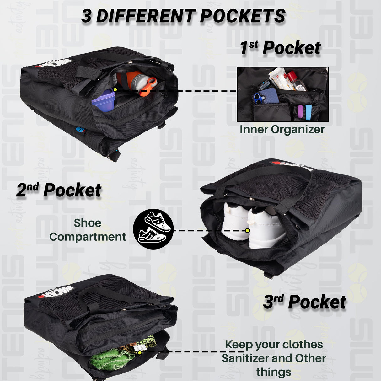 Borg Black 23L Tennis Badminton Squash Shoulder Bag/Sep Shoe Pocket/Bottle Holder/Organiser