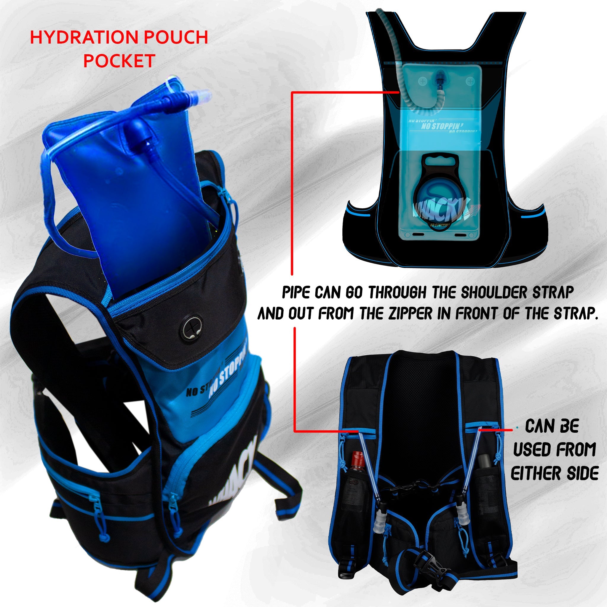 Whizz Black Blue Running Bag |Unisex Camping & Hiking | Hydration Pouch Compartment w. Connecting Water ducts Pockets |Exercise & Fitness|Motorcycle Trekking Outdoor