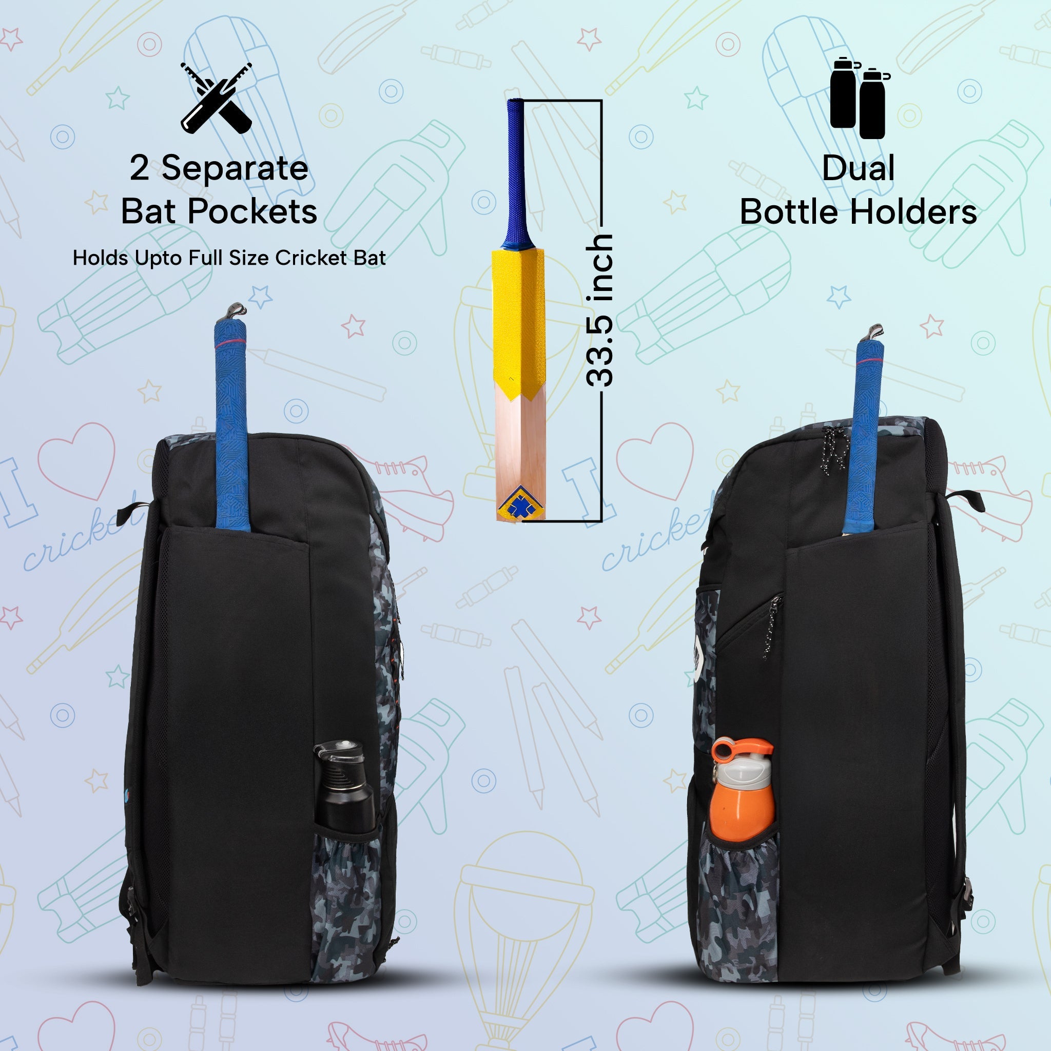 Kallis Grey Black 103L Unisex Cricket Kit Bag Backpack | Adult Size | 2 Bat | Shoe/Helmet Pocket | Main Compartment 18" Leg Pad |2 Bottle Holder | Easy Access Pocket | Player Edition Senior