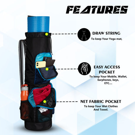 Mudra Black NVY 7L Meditation Yoga Aerobics Exercise Gym Mat Carrier Bag Mat Cover Bag 2 Easy Access Pockets Net Pocket 1 Bottle Holder Adjustable Shoulder Strap Drawstring Opening for Men Women