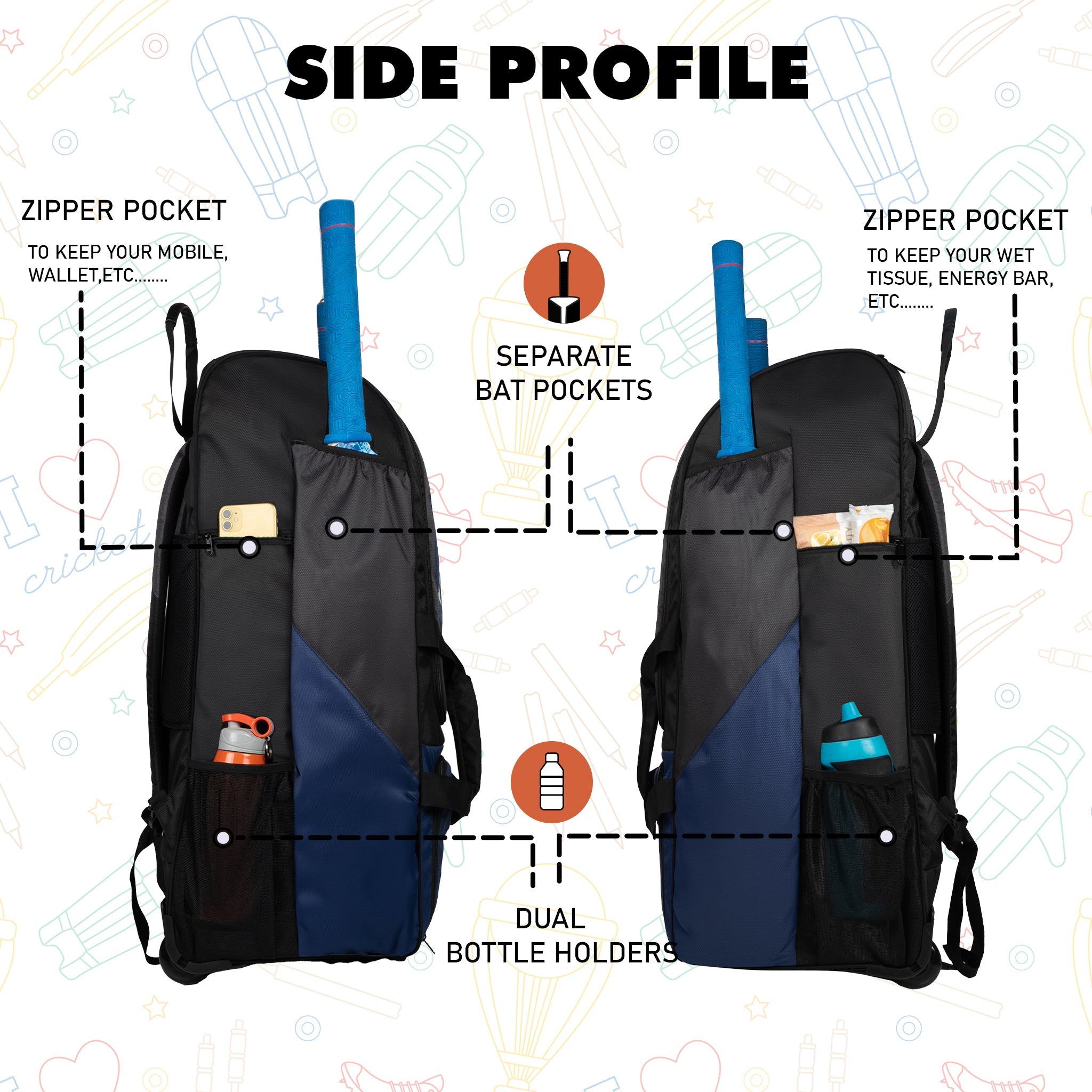 Gayle Blue Black Junior Backpack Duffle Trolley Wheelie Cricket Kit Bag Youth Size 2 Bat Pocket Shoe/Helmet Pkt Main Compartment 15.5" Leg Pad 2 Bottle Holder Player Edition