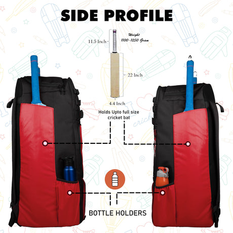 Condor Red Black 89L Unisex Cricket Kit Bag Backpack | Adult Size | 2 Bat | Shoe/Helmet Pocket | Main Compartment 20" Leg Pad |2 Bottle Holder | Easy Access Pocket | Player Edition Senior