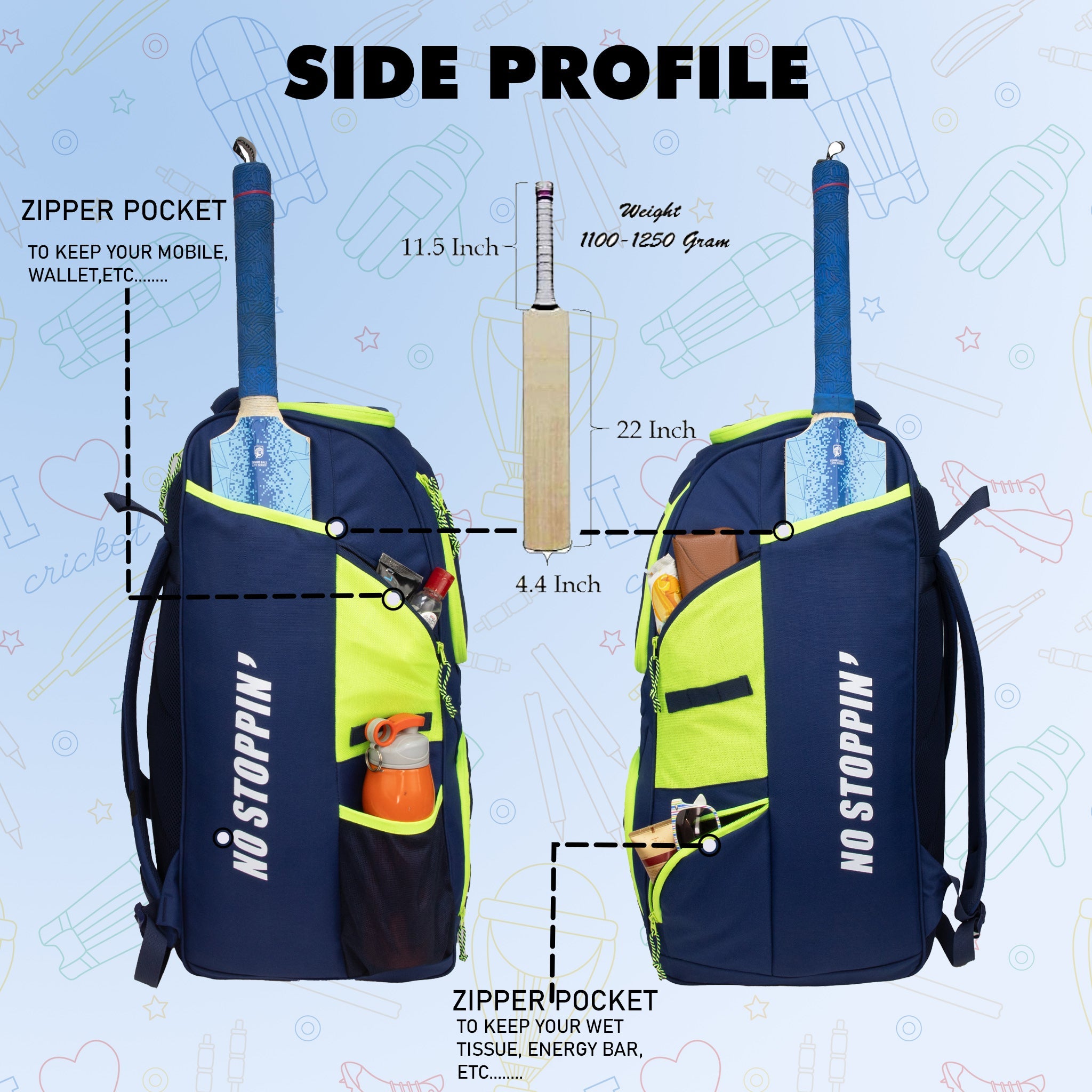 Crowe 60L Unisex Navy Cricket Kit Bag Backpack | Youth Size | 2 Bat | Shoe/Helmet Pocket | Main Compartment 14.75" Leg Pad | Bottle Holder | Easy Access Pocket | Player Edition Youth