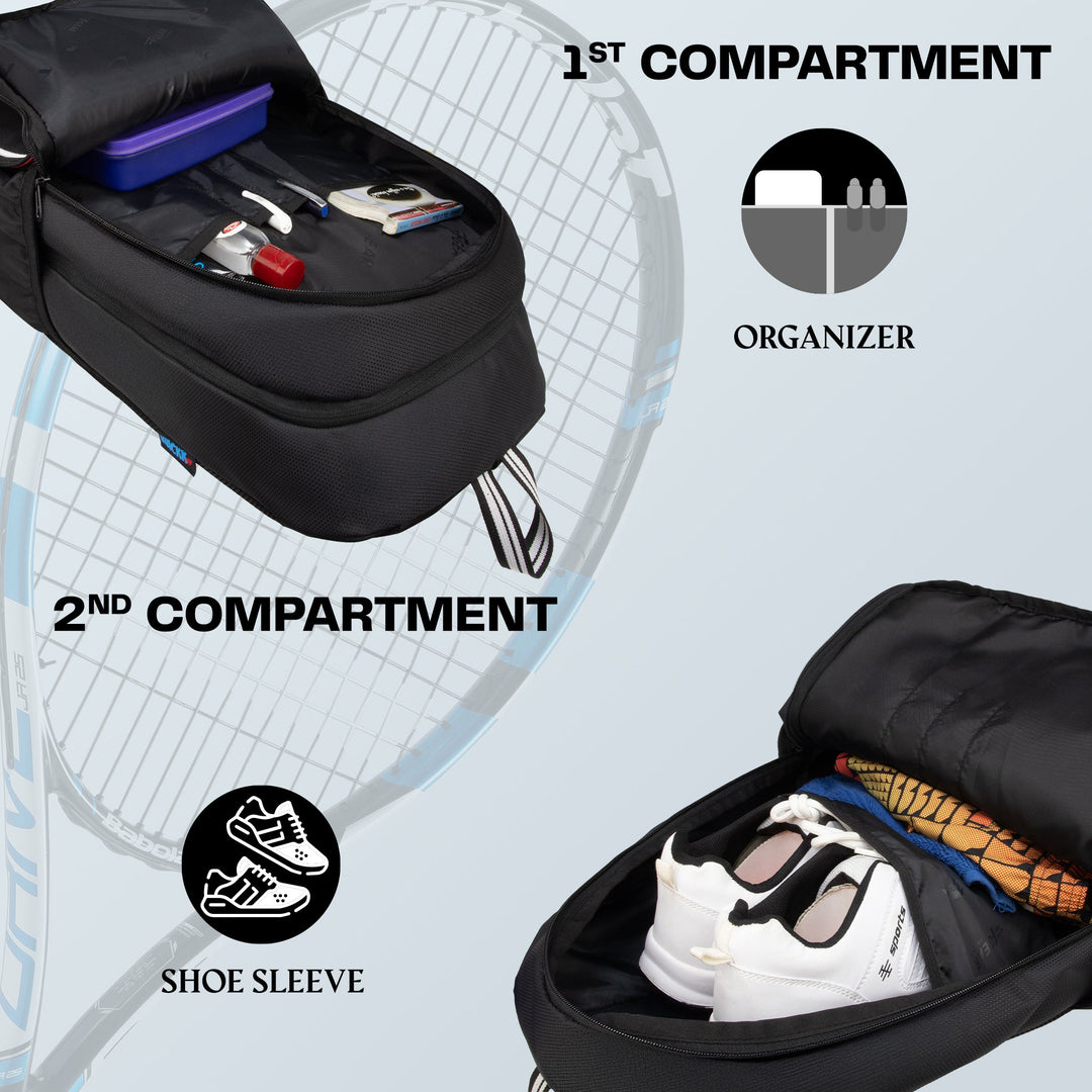 DropShot Black 35L Tennis Badminton Pickelball Squash Equipment Bag  | Unisex Lightweight Backpack