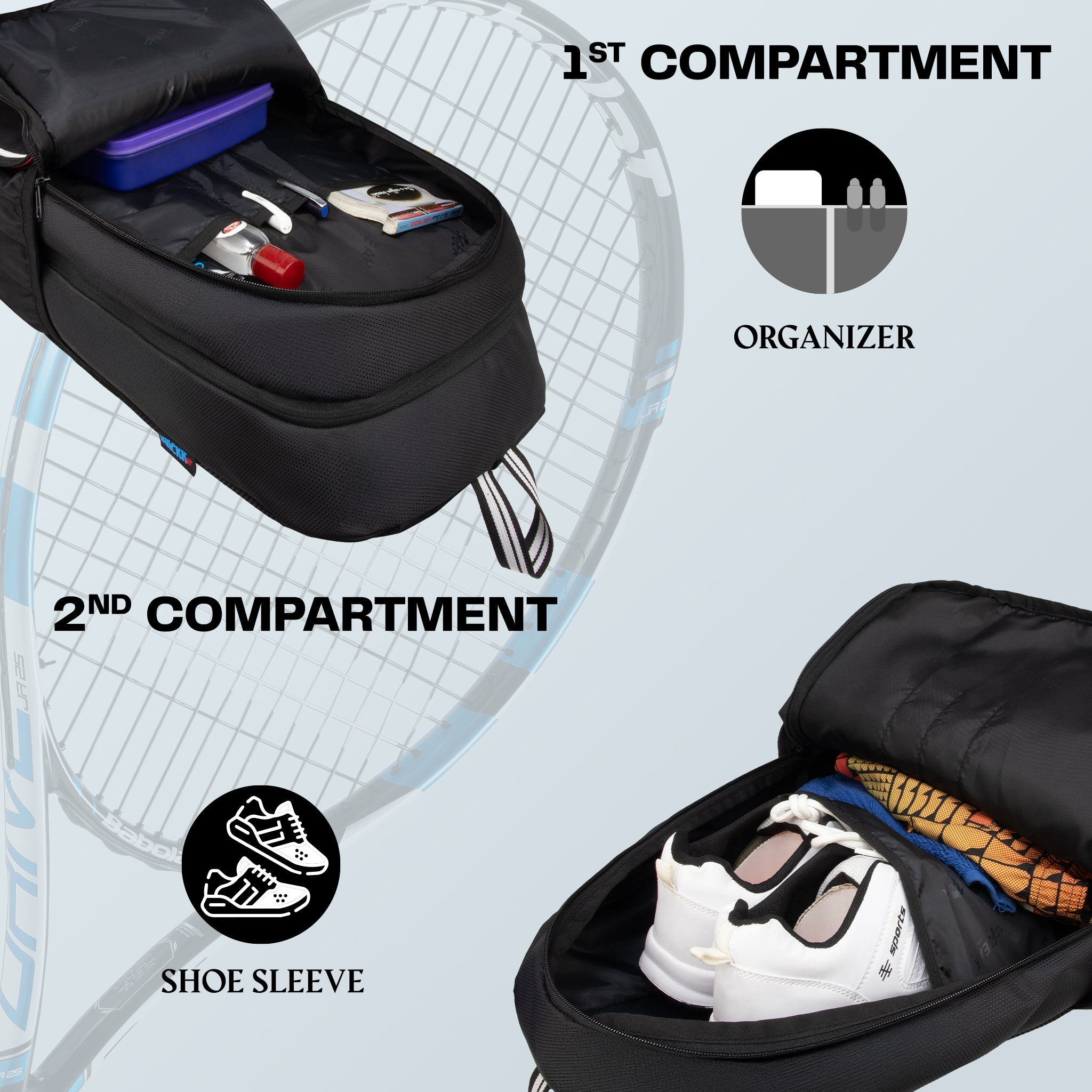 DropShot Black 35L Tennis Badminton Pickelball Squash Equipment Bag  | Unisex Lightweight Backpack