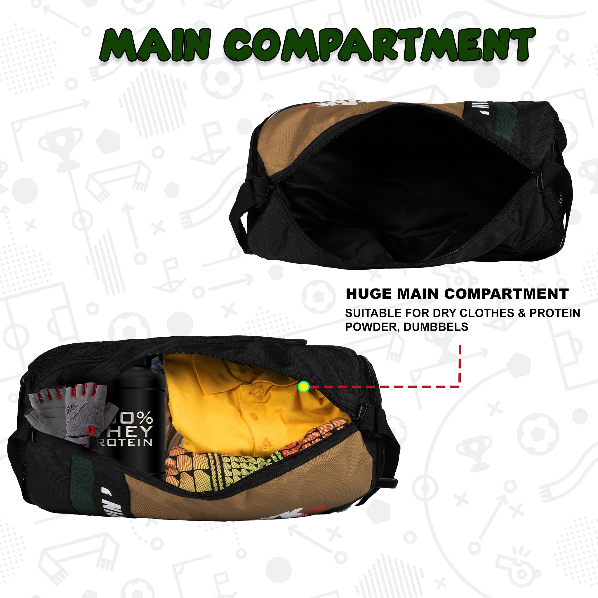 Armstrong Black Khaki 33L Gym Fitness Workout Training Sports Travel Duffle Bag Separate Shoe Pocket Dry Wet Pocket Multipurpose Carry Bag Adjustable Strap Lightweight Sports Kit Men Women