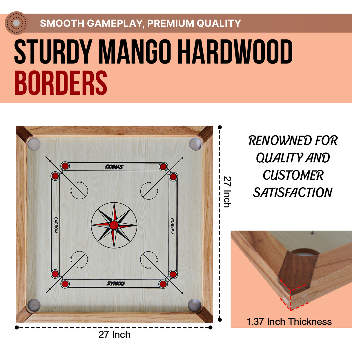 Synco 27" Inch Mango Carrom Board for Kids 8-12 Years Old