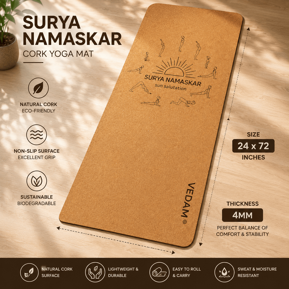 Vedam Cork Yoga Mat | Non-Slip Eco Rubber Base Suryanamskar