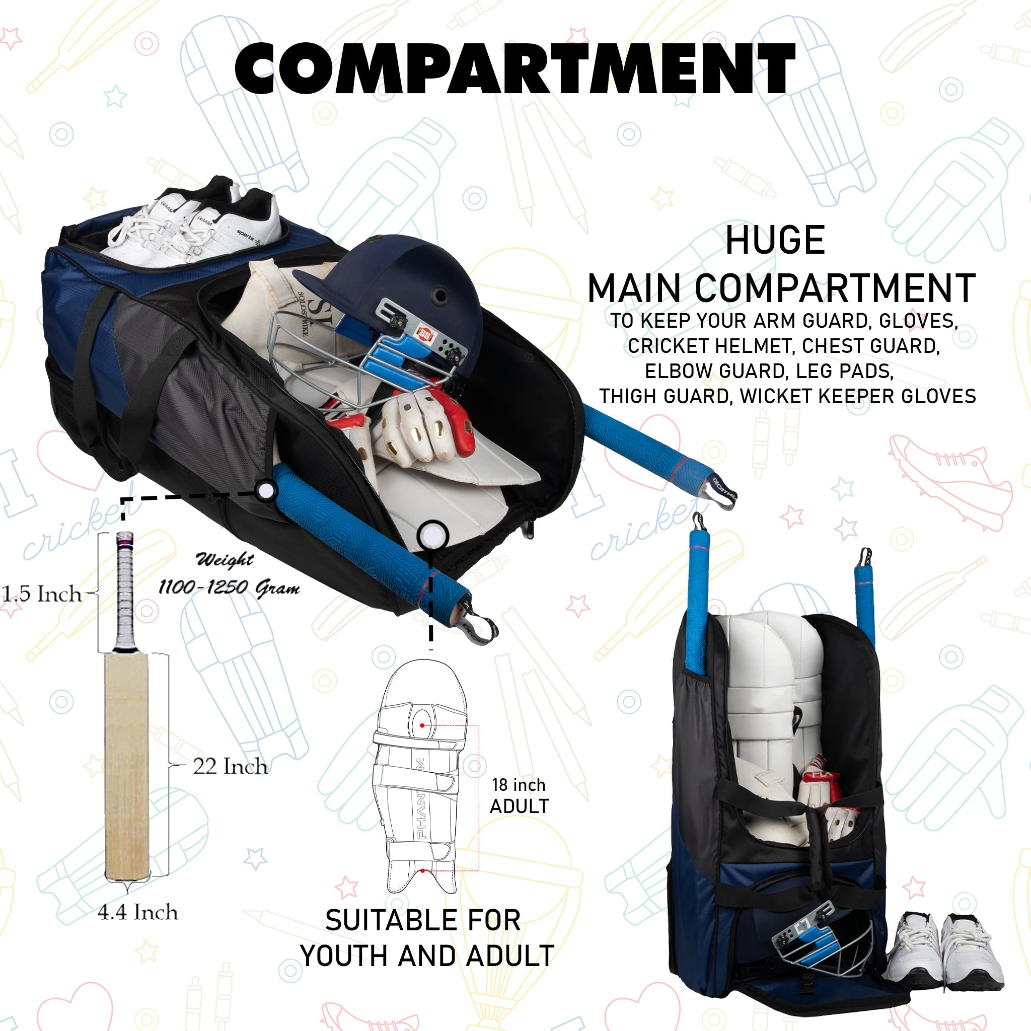 Gayle Blk Backpack Duffle Trolley Wheelie Polyester Cricket Kit Bag Adult Size 2 Bat Pocket Shoe/Helmet Pkt Main Compartment 18" Leg Pad 2 Bottle Holder Player Edition