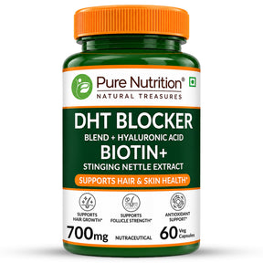 DHT Blocker with Biotin, Hyaluronic Acid & Stinging Nettle Extract | Hair & Scalp Support | 700 mg | 60 Veg Tablets - Nutrition by Pure Nutrition