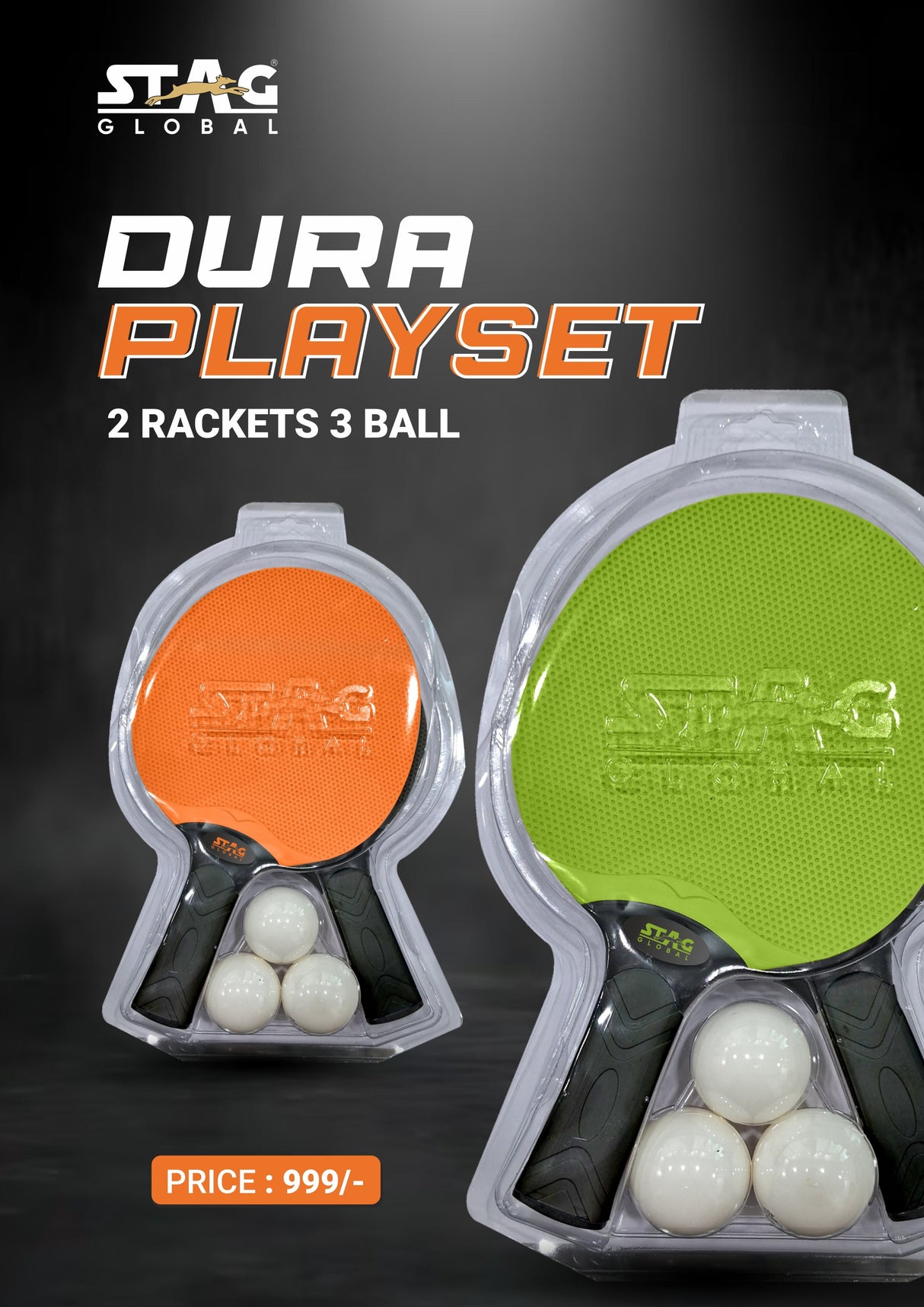 STAG Global Dura Blade TT Playset with 2 Racquets & 3 Table Tennis Balls