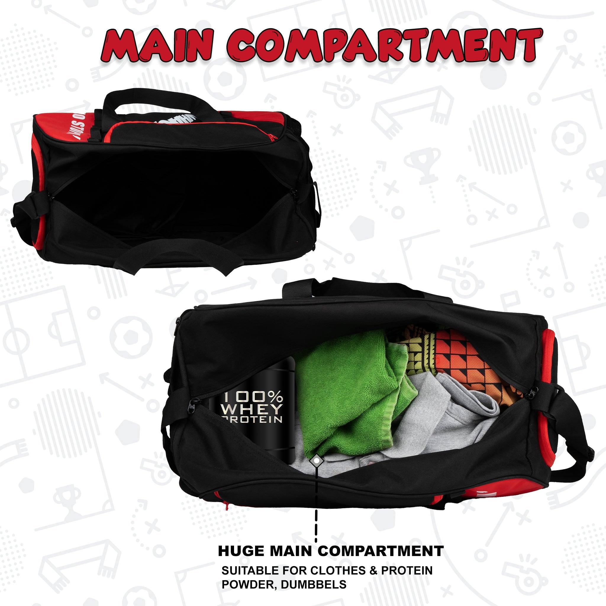 Attirant Red Black 32L |Gym Fitness workout Training Sports Travel duffle bag separate shoe pocket |Multipurpose Carry Bag | Adjustable Strap|Unisex|Lightweight |Sports Kit | Swimming | Men Women