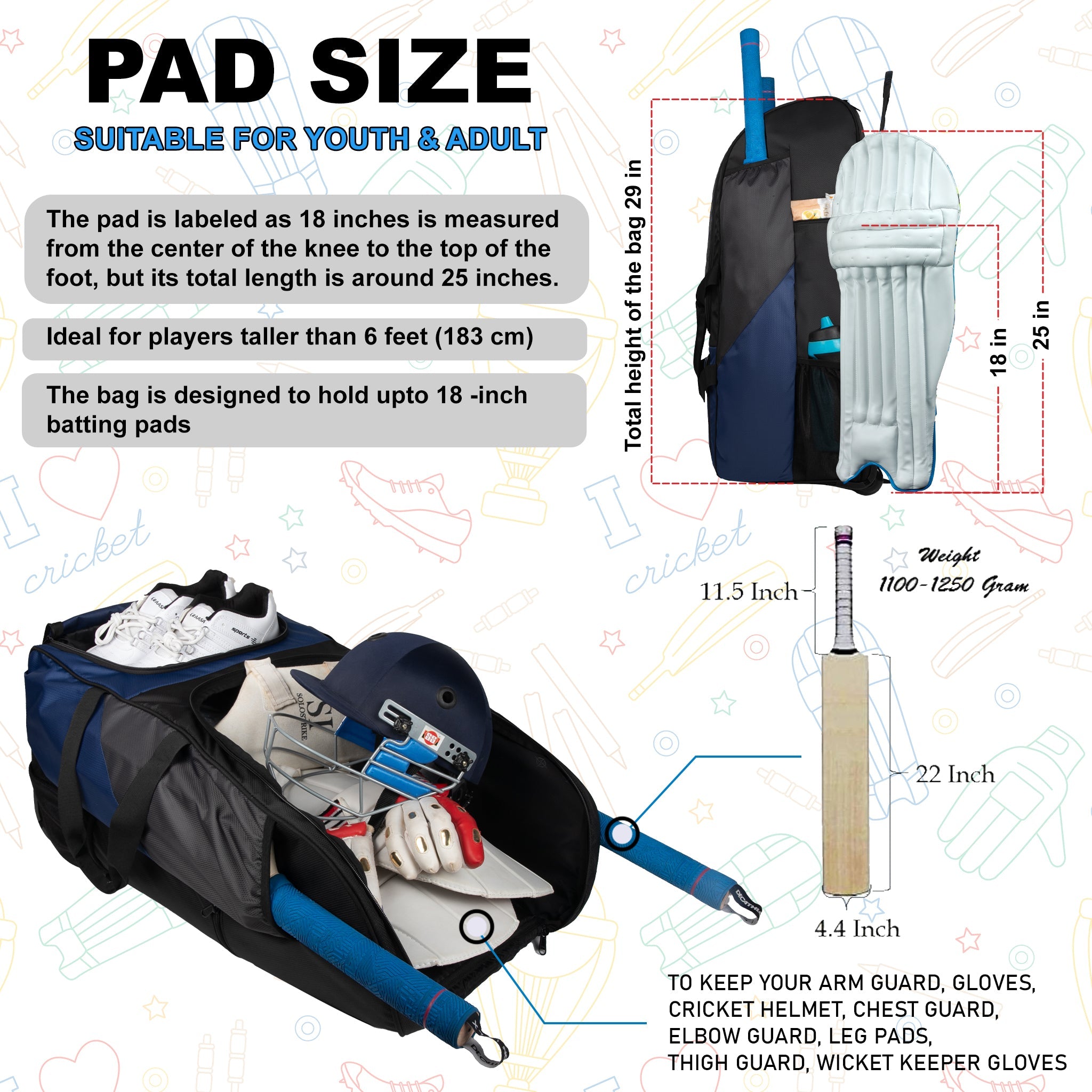 Gayle Blk Backpack Duffle Trolley Wheelie Polyester Cricket Kit Bag Adult Size 2 Bat Pocket Shoe/Helmet Pkt Main Compartment 18" Leg Pad 2 Bottle Holder Player Edition