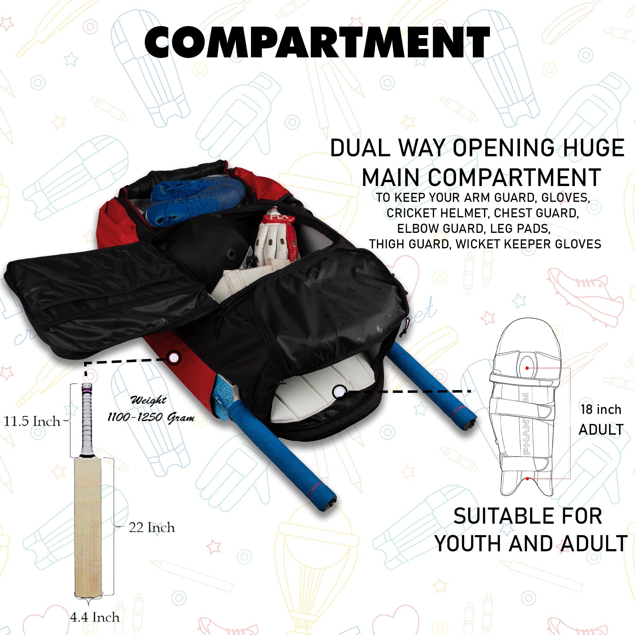 Condor Red Black 89L Unisex Cricket Kit Bag Backpack | Adult Size | 2 Bat | Shoe/Helmet Pocket | Main Compartment 20" Leg Pad |2 Bottle Holder | Easy Access Pocket | Player Edition Senior