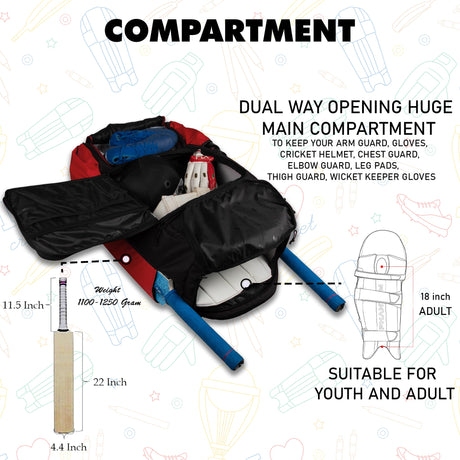 Condor Red Black 89L Unisex Cricket Kit Bag Backpack | Adult Size | 2 Bat | Shoe/Helmet Pocket | Main Compartment 20" Leg Pad |2 Bottle Holder | Easy Access Pocket | Player Edition Senior