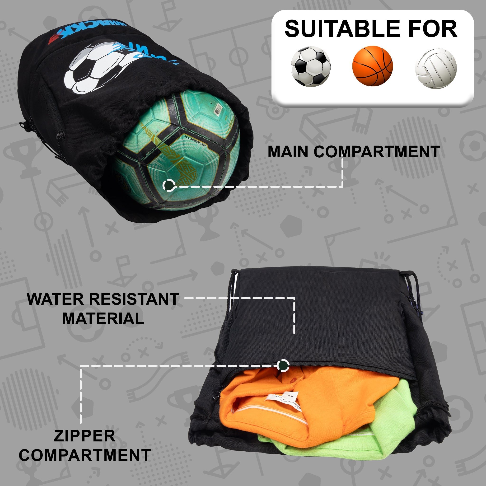 Blitz Black Soccer|Football Equipment Bags|Basketball Volleyball Throwball Drawstring Backpack Bags|Shoes Mobile Bottle Holder Pocket|Sports Men Boys Bag|Dori Backpack |Gym Bag|Kitbag Kit Bag