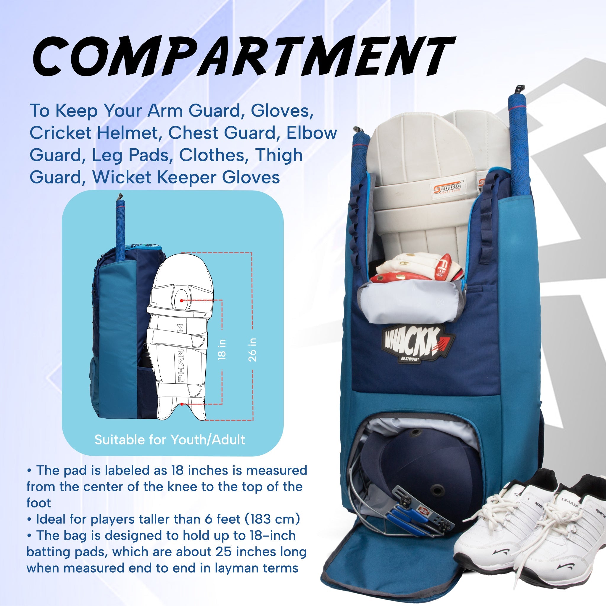 Hammond 73L Unisex Cricket Kit Bag|Adult Size|2 Bat|Shoe/Helmet Pocket|Main Compartment 20" Leg Pad|2 Bottle Holder| Easy Access Pocket| Player Edition Senior (Aqua Blue)