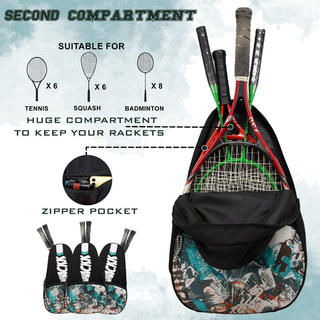 Ace Printed 28L Unisex Lightweight Stylish Tennis Badminton Squash Equipment Kit Bag | Shuttle Bag |Shoe Pocket| Backpack Style | Spacious Storage Compartment| Rackets Tennis-6 Badminton-8