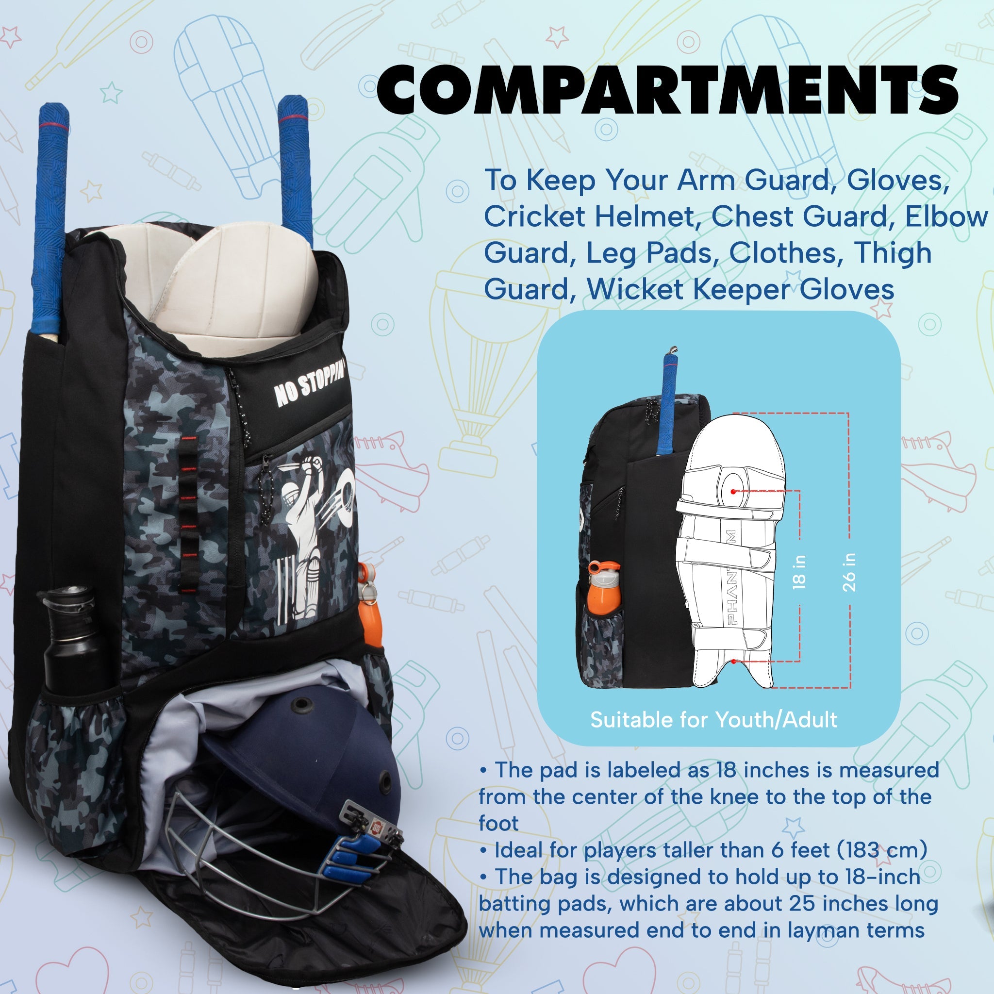 Kallis Grey Black 103L Unisex Cricket Kit Bag Backpack | Adult Size | 2 Bat | Shoe/Helmet Pocket | Main Compartment 18" Leg Pad |2 Bottle Holder | Easy Access Pocket | Player Edition Senior