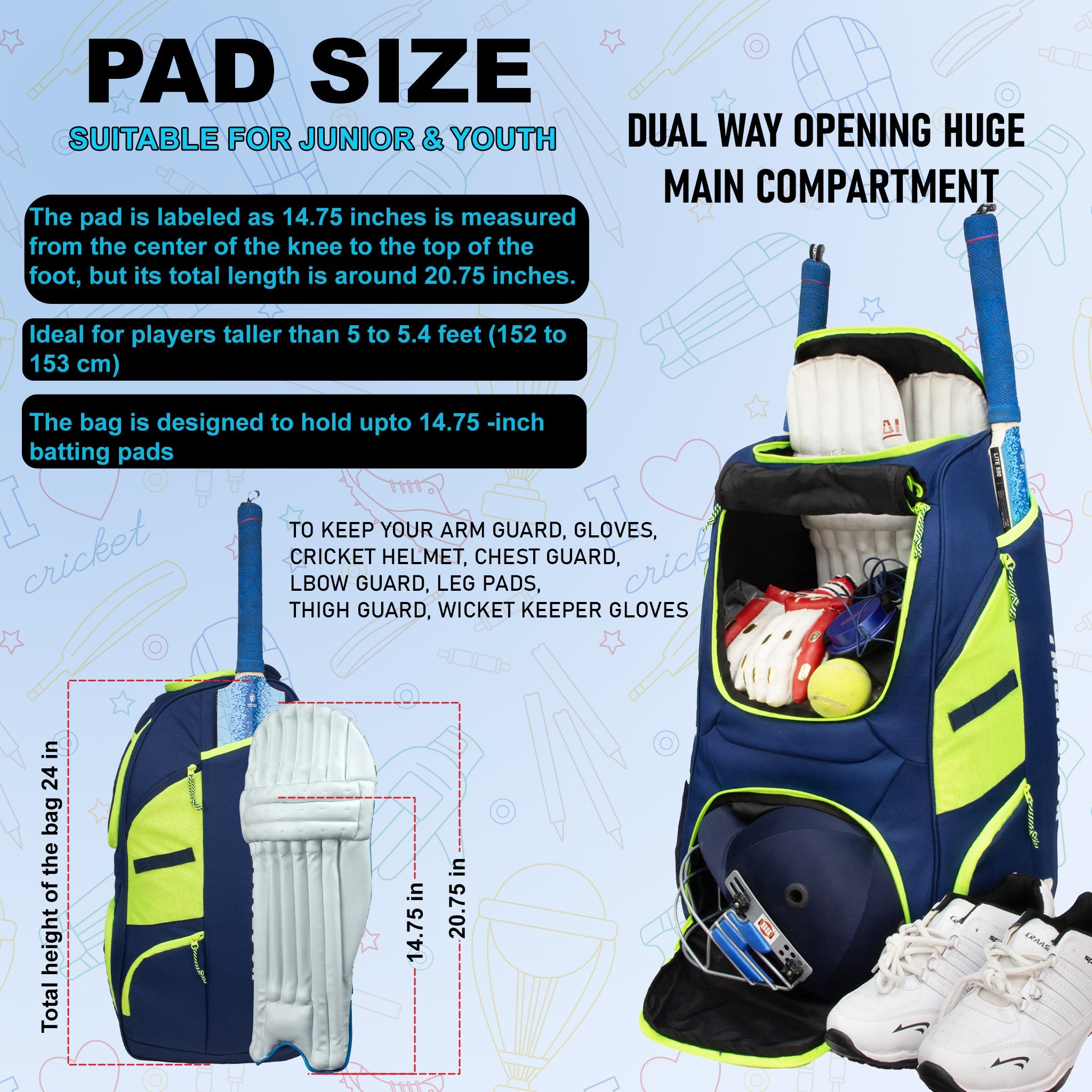 Crowe 60L Unisex Navy Cricket Kit Bag Backpack | Youth Size | 2 Bat | Shoe/Helmet Pocket | Main Compartment 14.75" Leg Pad | Bottle Holder | Easy Access Pocket | Player Edition Youth