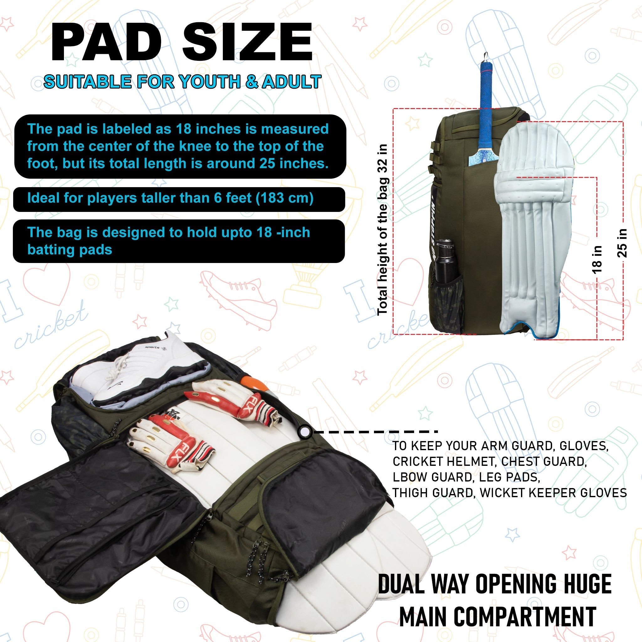 Condor Green 89L Unisex Cricket Kit Bag Backpack | Adult Size | 2 Bat | Shoe/Helmet Pocket | Main Compartment 20" Leg Pad |2 Bottle Holder | Easy Access Pocket | Player Edition Senior