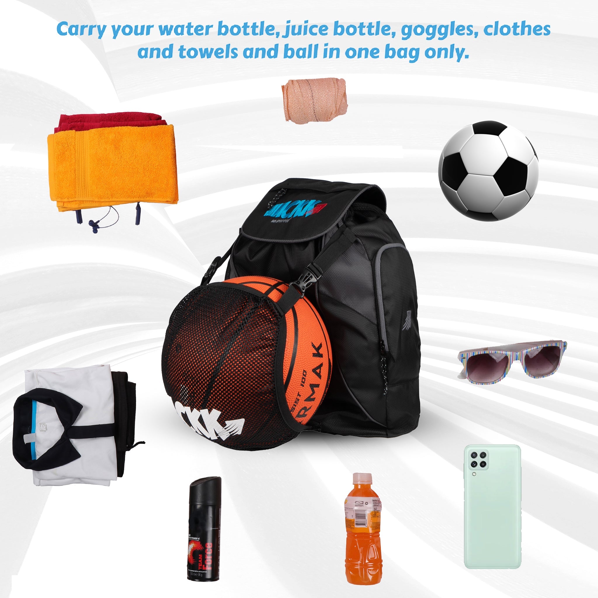 Storm Soccer Black Football Equipment Bag | Sports Men Boys Drawstring Backpack | Mobile Bottle Holder Pocket | Gym Bag