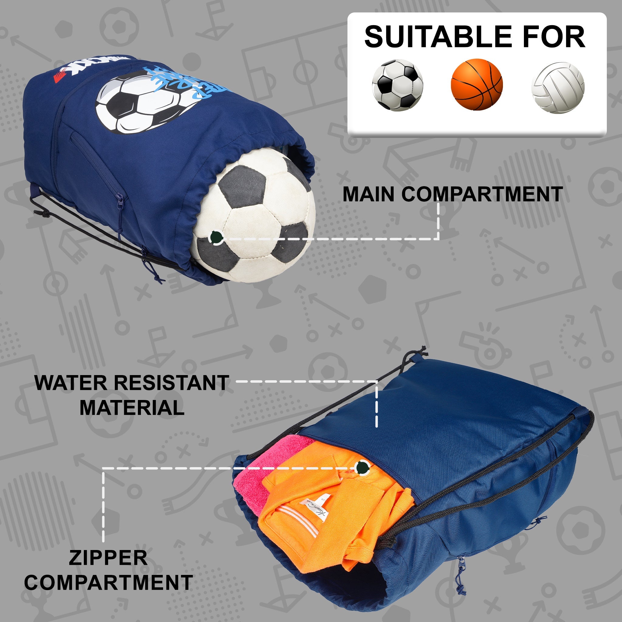 Blitz Blue Soccer| Football Equipment Bags| Basketball Volleyball Throwball Drawstring Backpack Bags| Shoes Mobile Bottle Holder Pocket| Sports Men Boys Bag| Dori Backpack |Gym Bag| Kitbag Kit Bag
