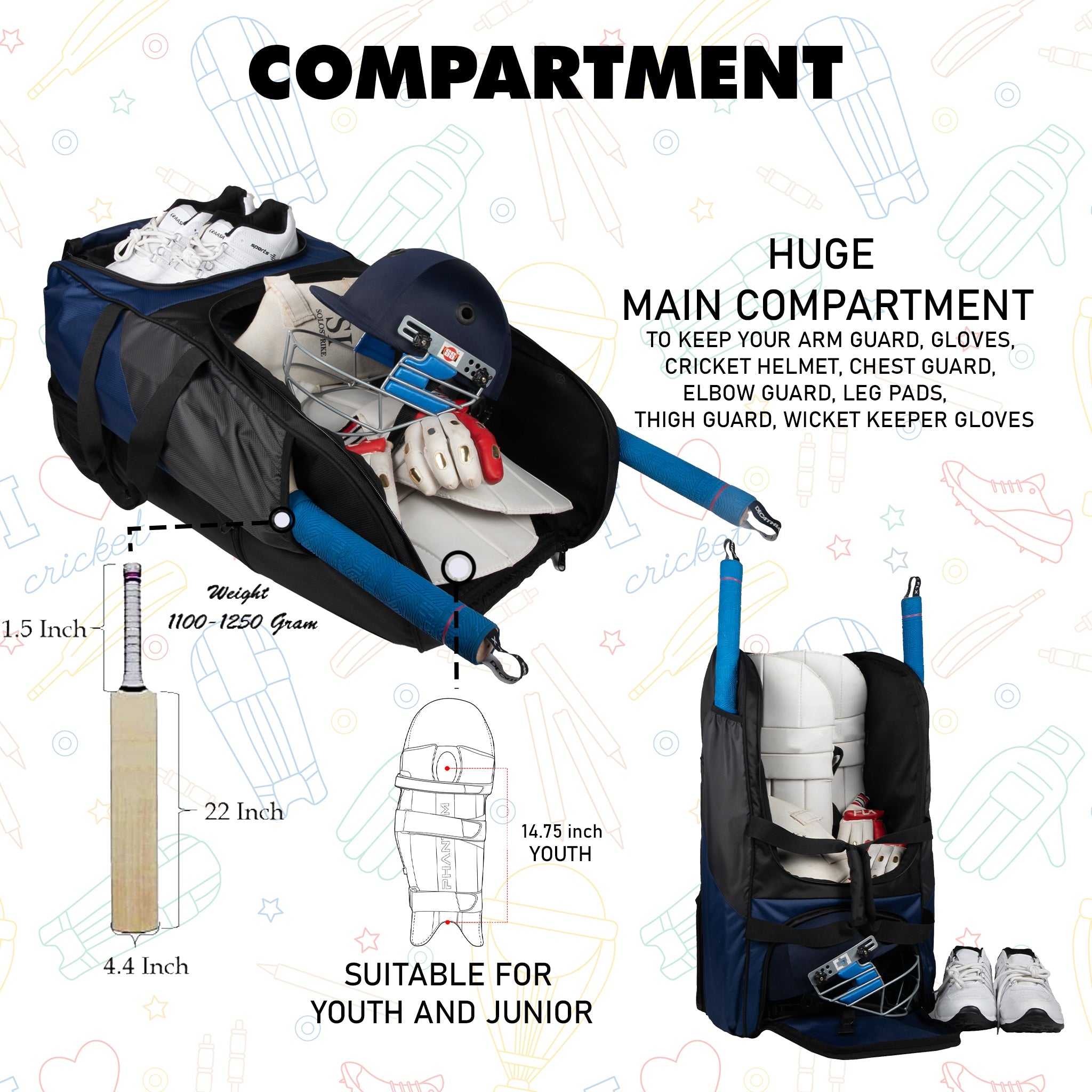 Gayle Blue Black Junior Backpack Duffle Trolley Wheelie Cricket Kit Bag Youth Size 2 Bat Pocket Shoe/Helmet Pkt Main Compartment 15.5" Leg Pad 2 Bottle Holder Player Edition
