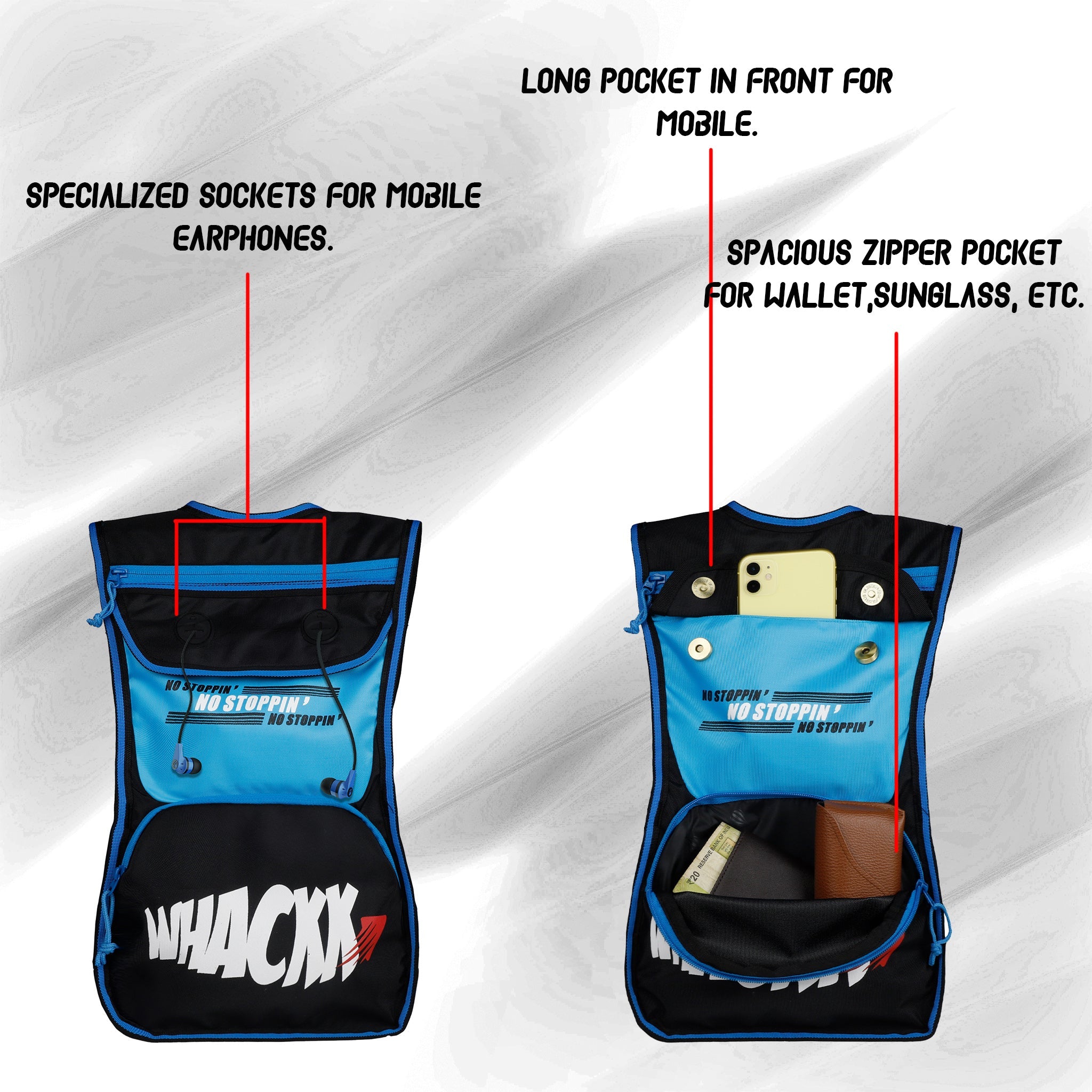 Whizz Black Blue Running Bag |Unisex Camping & Hiking | Hydration Pouch Compartment w. Connecting Water ducts Pockets |Exercise & Fitness|Motorcycle Trekking Outdoor