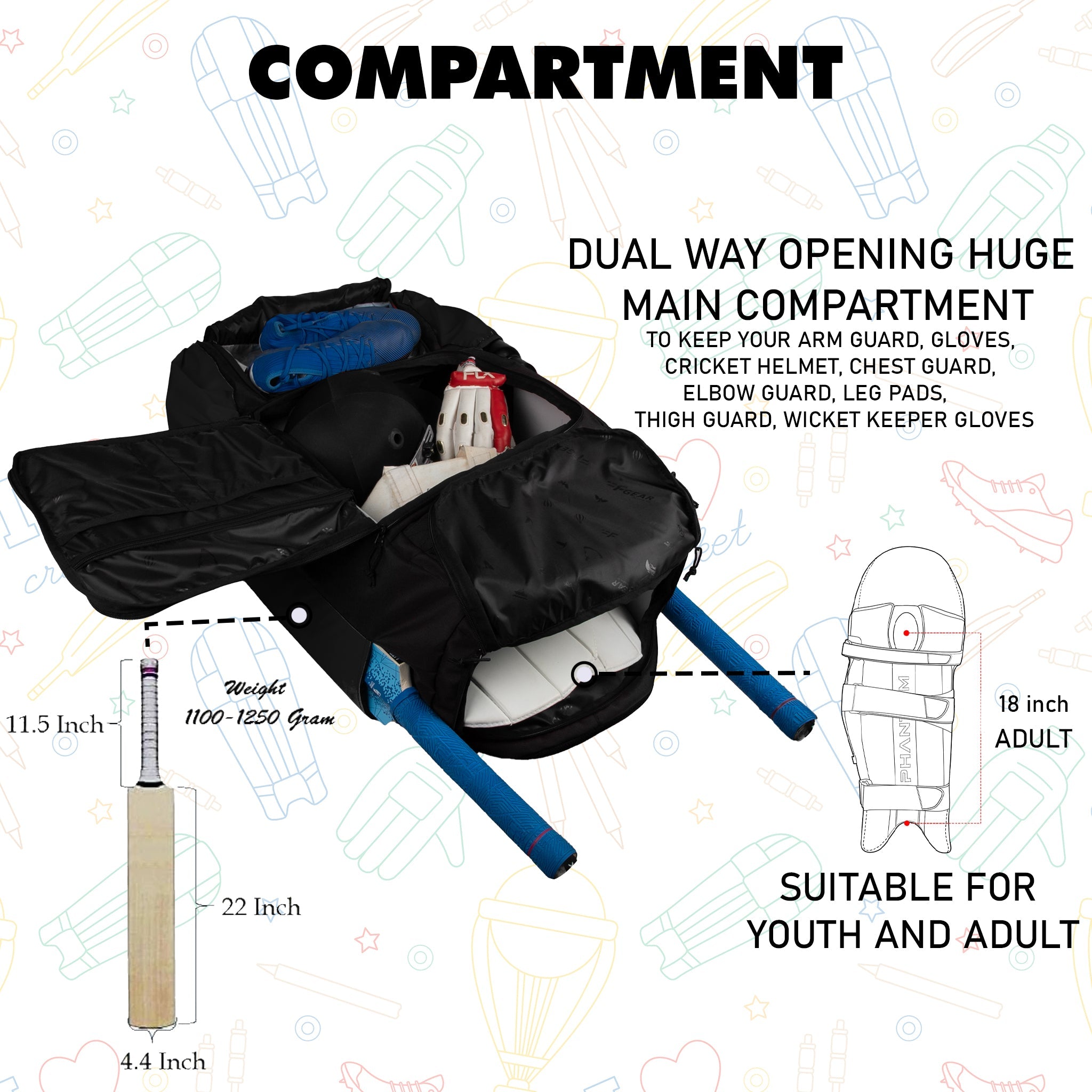 Condor Black 89L Unisex Cricket Kit Bag|Adult Size|2 Bat|Shoe/Helmet Pocket|Main Compartment 20 Inch Leg Pad|2 Bottle Holder|Easy Access Pocket|Player Edition Senior|Stylish Kit Bag