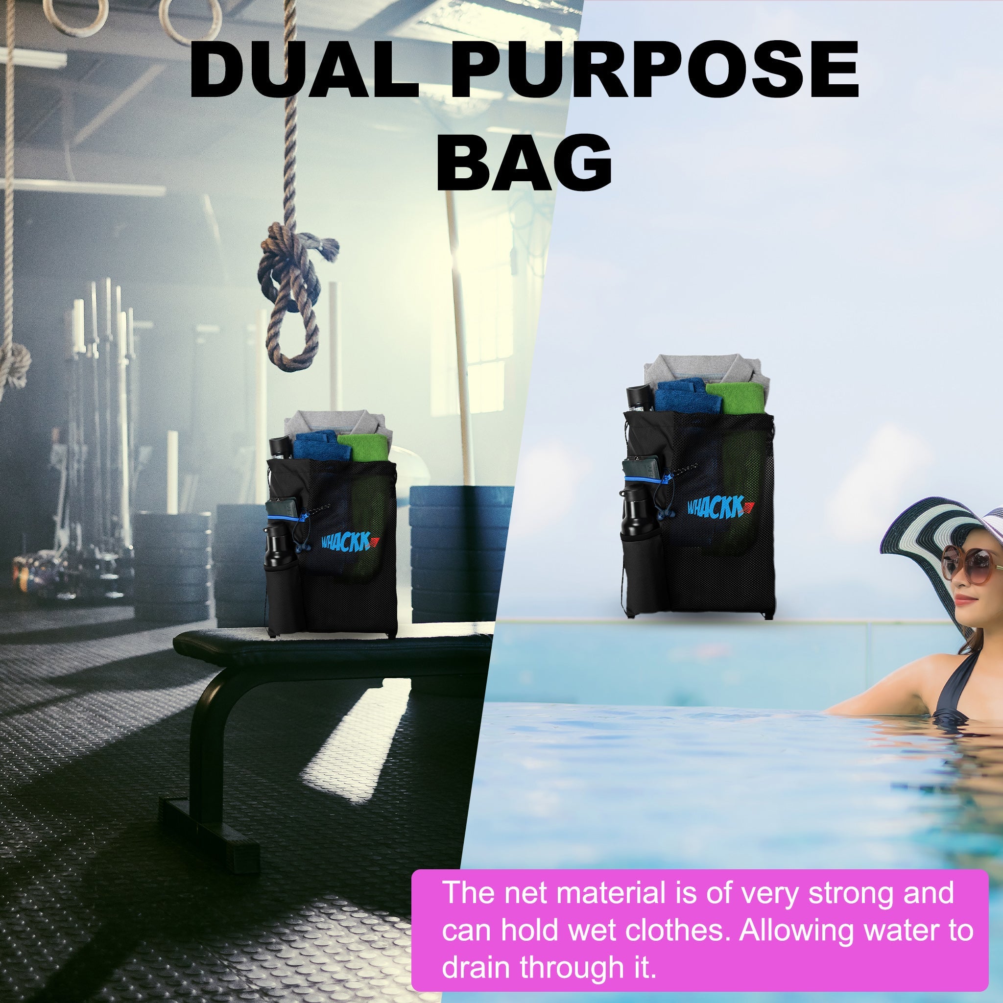 Joss 9L Black |Sports Bag|Swimming Equipment Bags|Netball Bags|Dry Bags|Drawstring Bag for Shoes & Clothes|Sports Gear|Accessory Pocket |Gym Bag |Tuition Bag|1 Bottle Holder