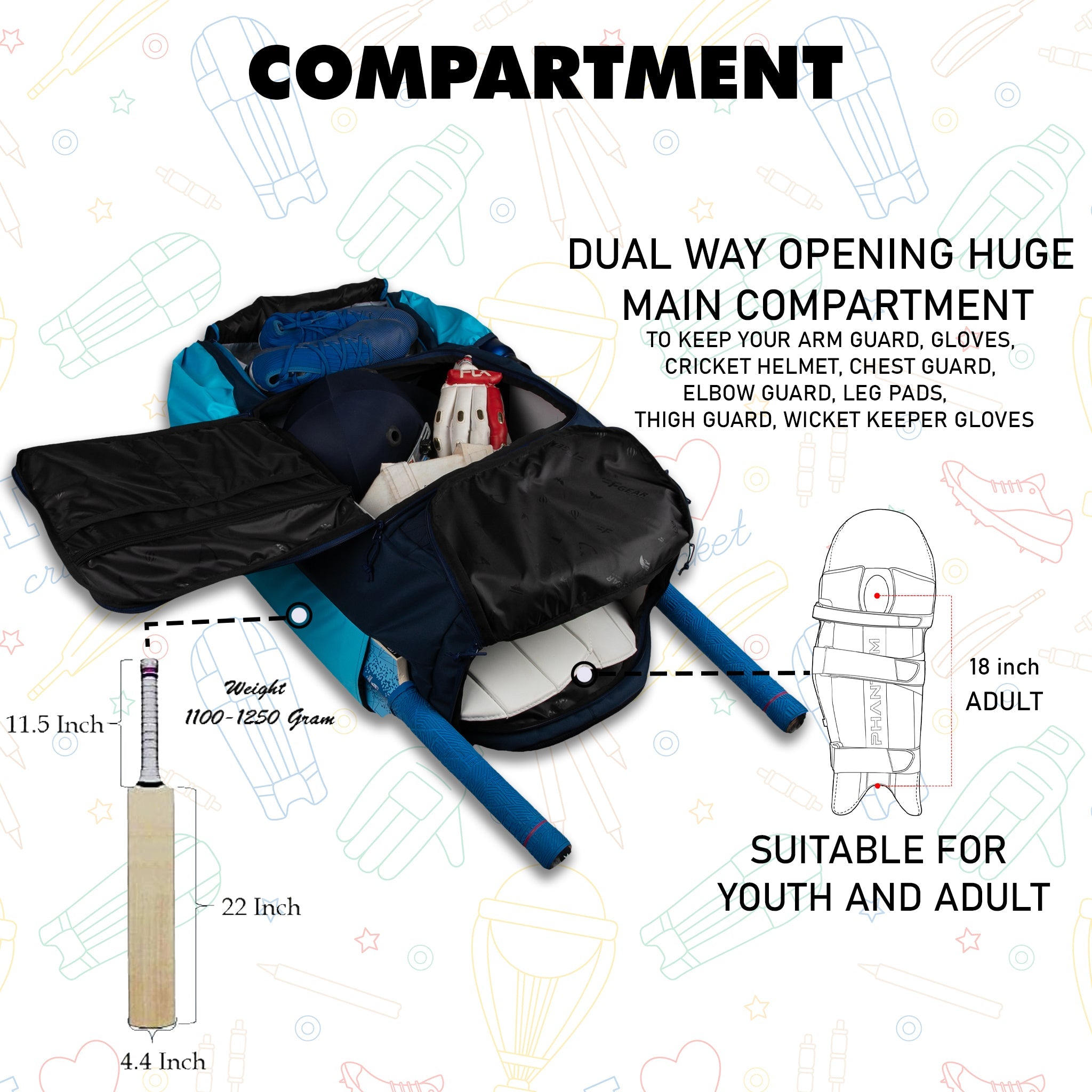 Condor Navy Blue 89L Unisex Cricket Kit Bag Backpack| Adult Size| 2 Bat | Shoe/Helmet Pocket| Main Compartment 20" Leg Pad |2 Bottle Holder| Easy Access Pocket | Player Edition Senior,Polyester