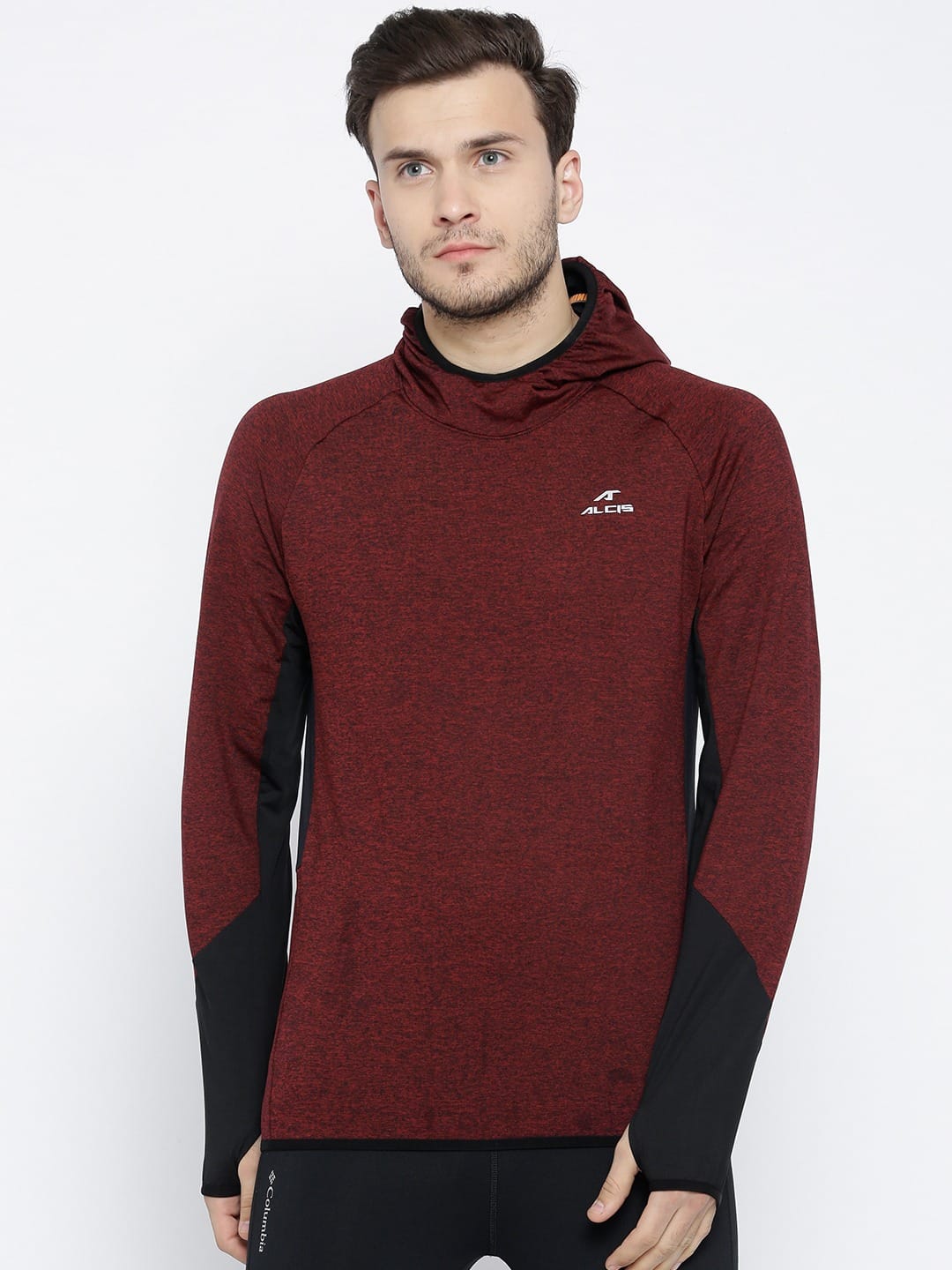 Alcis Men Maroon Black Solid Hooded Sweatshirt