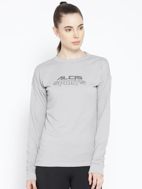 Alcis Women Grey Self Design Round Neck T-shirt | Alcis