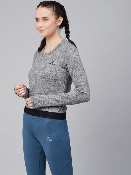 Alcis Women Grey Melange Solid Round Neck Training T-shirt | Alcis