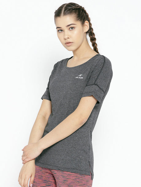 Alcis Women Charcoal Grey Solid Slim Fit Round Neck Training T-shirt | Alcis