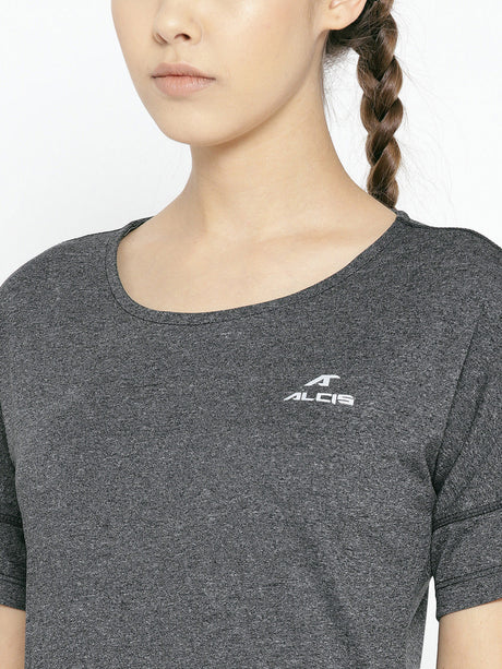 Alcis Women Charcoal Grey Solid Slim Fit Round Neck Training T-shirt | Alcis
