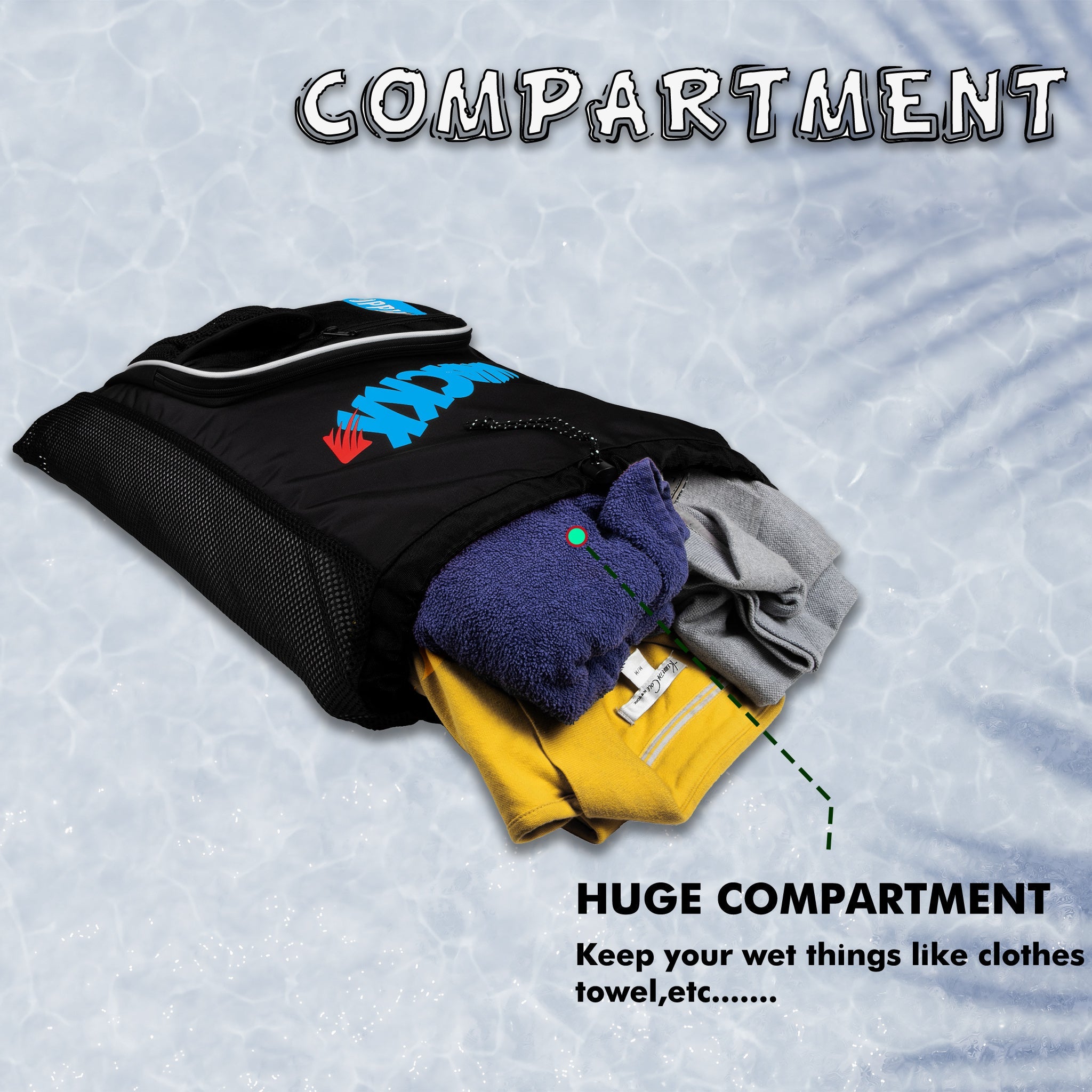 Freestyle Black 20L Unisex Swimming Equipment Bag | Water Sports | Wet Dry Compartments Bag | Beach | Drawstring Backpack|Pocket Cap & Goggles Mobile|Lightweight|Water Resistant | Men Women