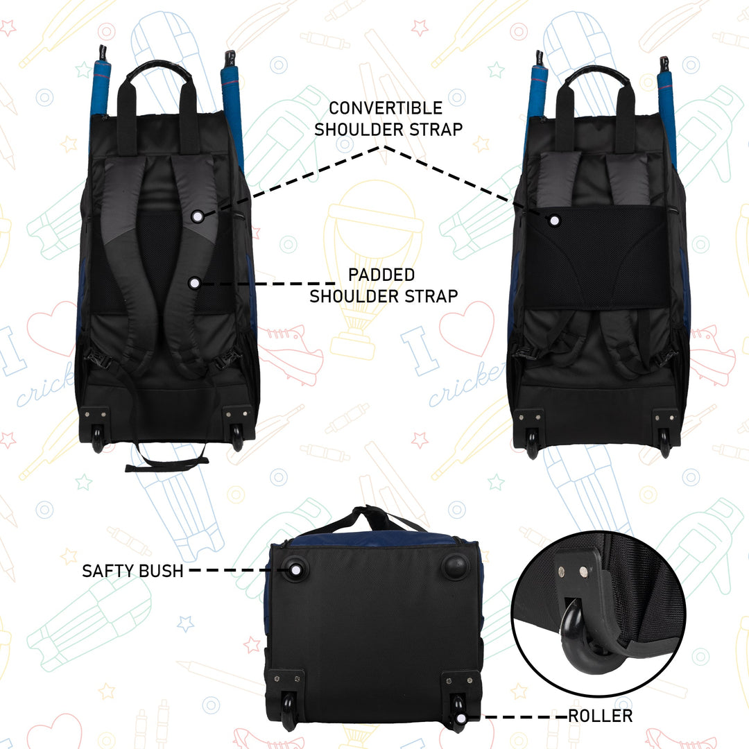 Gayle Blue Black Junior Backpack Duffle Trolley Wheelie Cricket Kit Bag Youth Size 2 Bat Pocket Shoe/Helmet Pkt Main Compartment 15.5" Leg Pad 2 Bottle Holder Player Edition