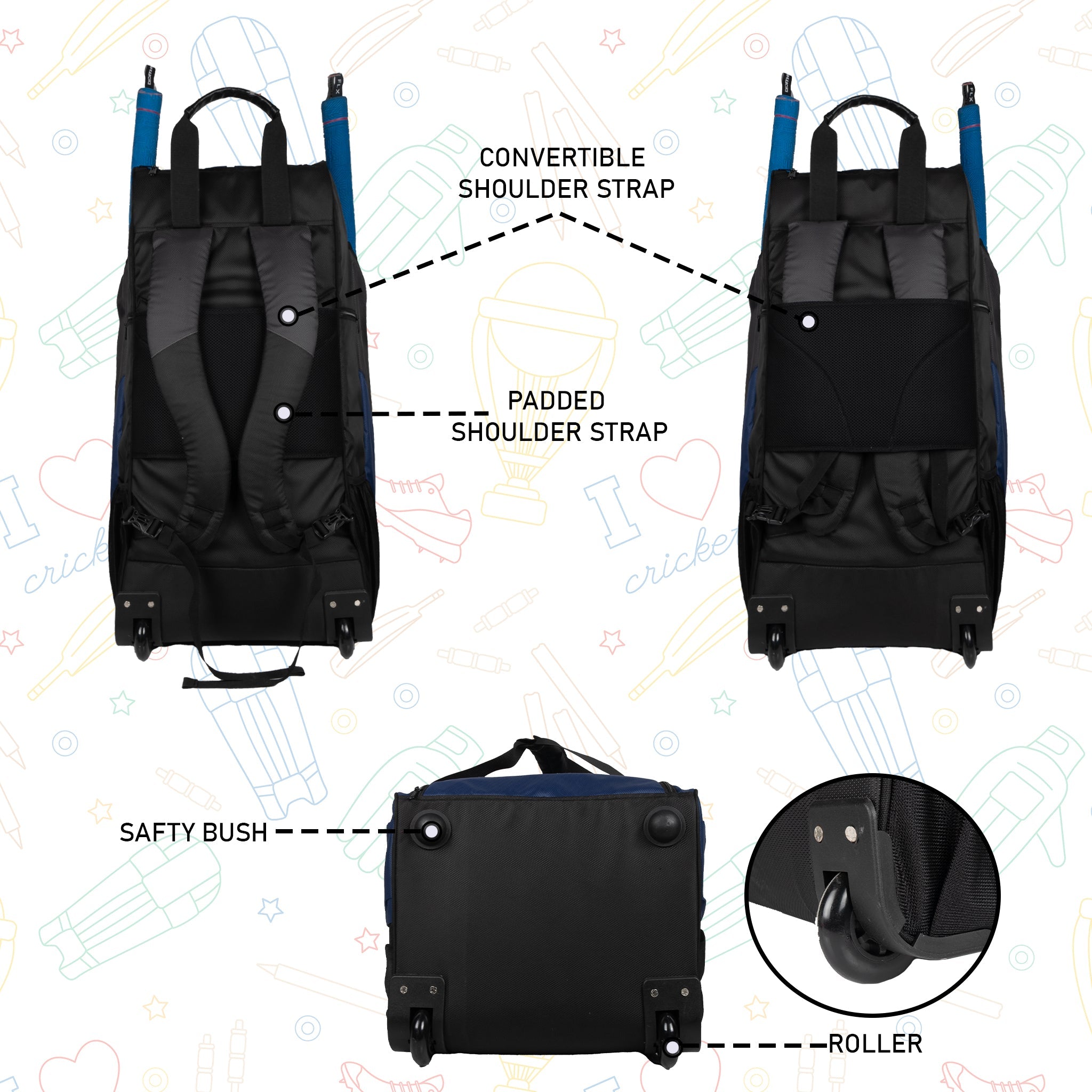 Gayle Blue Black Junior Backpack Duffle Trolley Wheelie Cricket Kit Bag Youth Size 2 Bat Pocket Shoe/Helmet Pkt Main Compartment 15.5" Leg Pad 2 Bottle Holder Player Edition