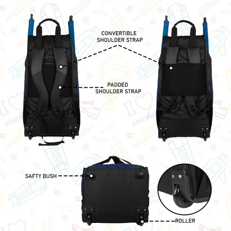 Gayle Blue Black Junior Backpack Duffle Trolley Wheelie Cricket Kit Bag Youth Size 2 Bat Pocket Shoe/Helmet Pkt Main Compartment 15.5" Leg Pad 2 Bottle Holder Player Edition