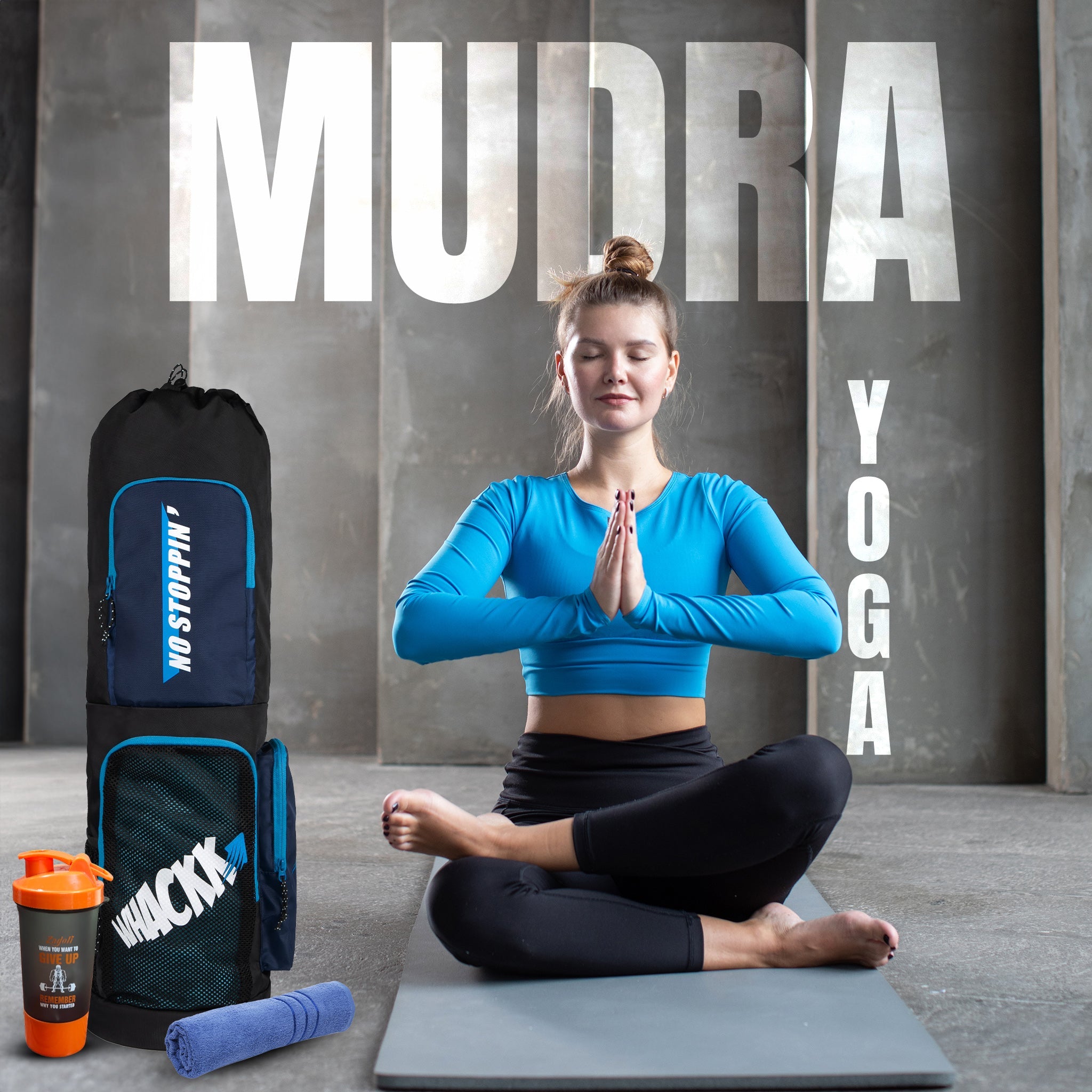 Mudra Black NVY 7L Meditation Yoga Aerobics Exercise Gym Mat Carrier Bag Mat Cover Bag 2 Easy Access Pockets Net Pocket 1 Bottle Holder Adjustable Shoulder Strap Drawstring Opening for Men Women