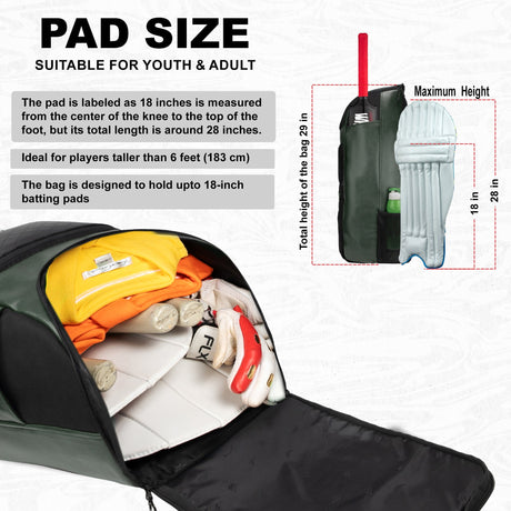 Lara Olive Green 72L | Premium Artificial Vegan Faux Leather Cricket Backpack|KitBag|Adult Size|2 Bat Pocket|Shoe/Helmet Pocket|Fit 18" Leg Pad 2 Bottle Holder|Easy Access|Player Senior,Black