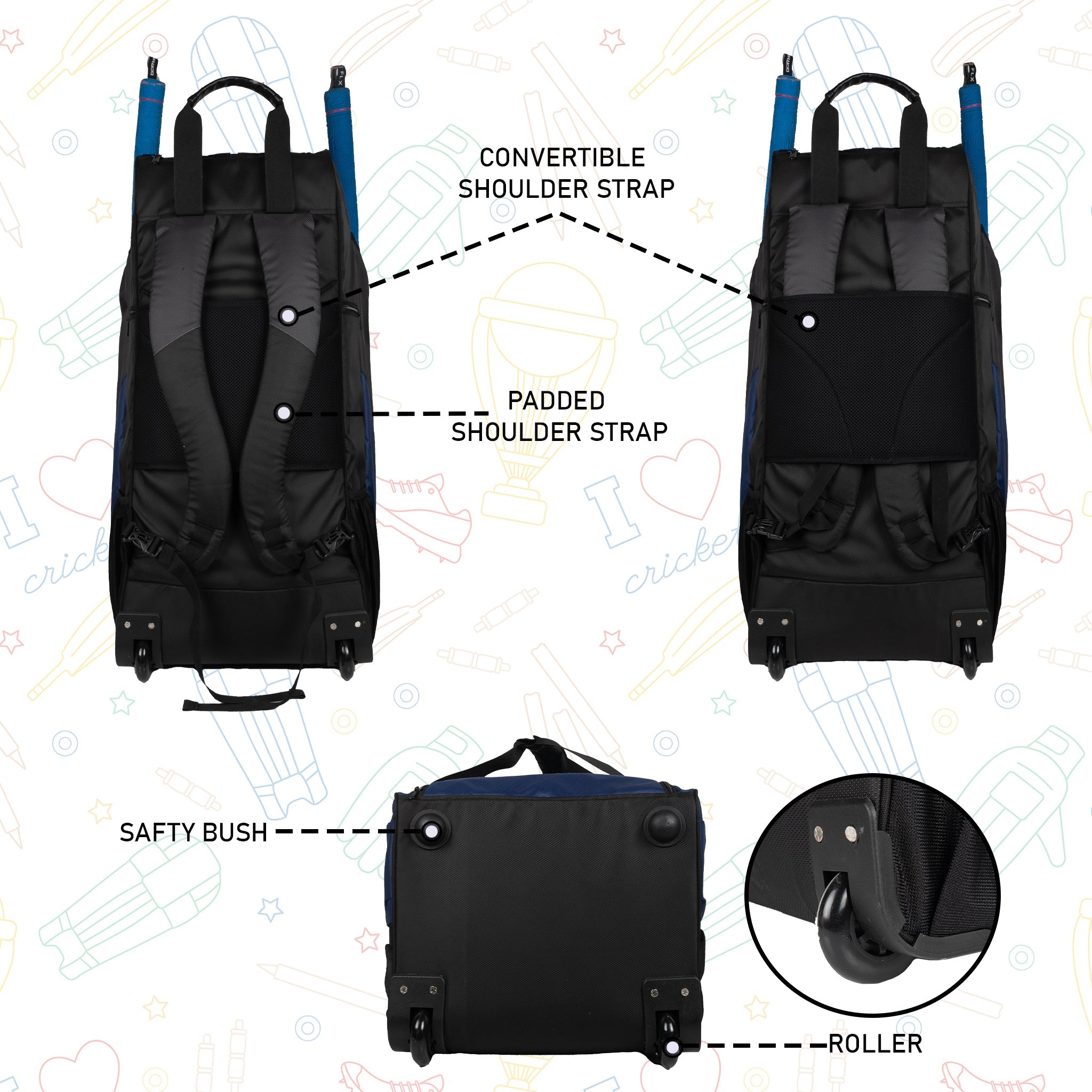 Gayle Blk Backpack Duffle Trolley Wheelie Polyester Cricket Kit Bag Adult Size 2 Bat Pocket Shoe/Helmet Pkt Main Compartment 18" Leg Pad 2 Bottle Holder Player Edition