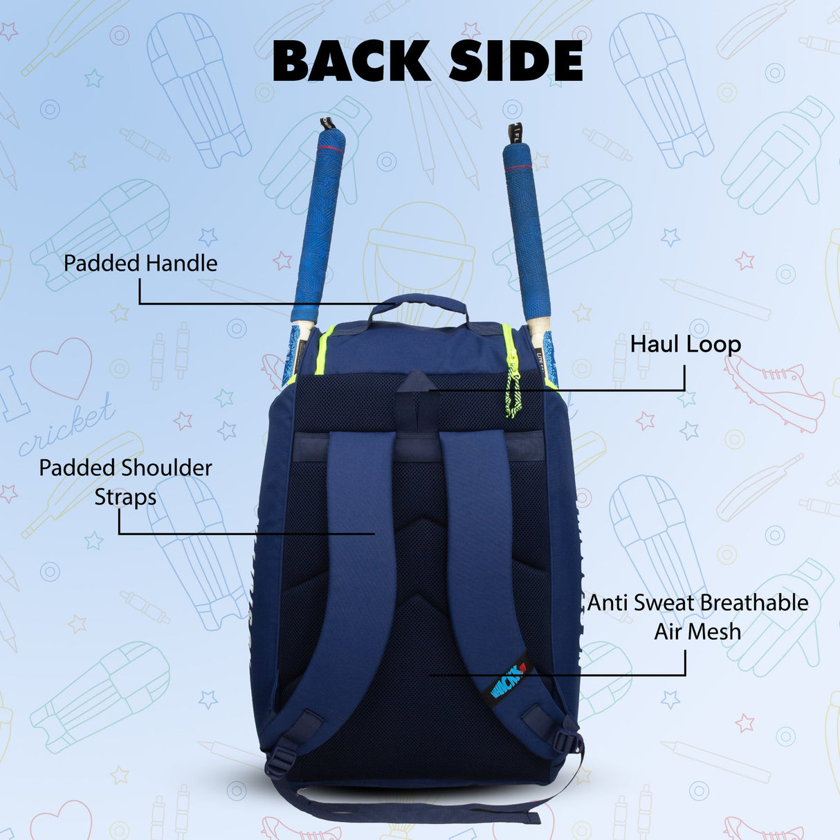 Crowe 60L Unisex Navy Cricket Kit Bag Backpack | Youth Size | 2 Bat | Shoe/Helmet Pocket | Main Compartment 14.75" Leg Pad | Bottle Holder | Easy Access Pocket | Player Edition Youth