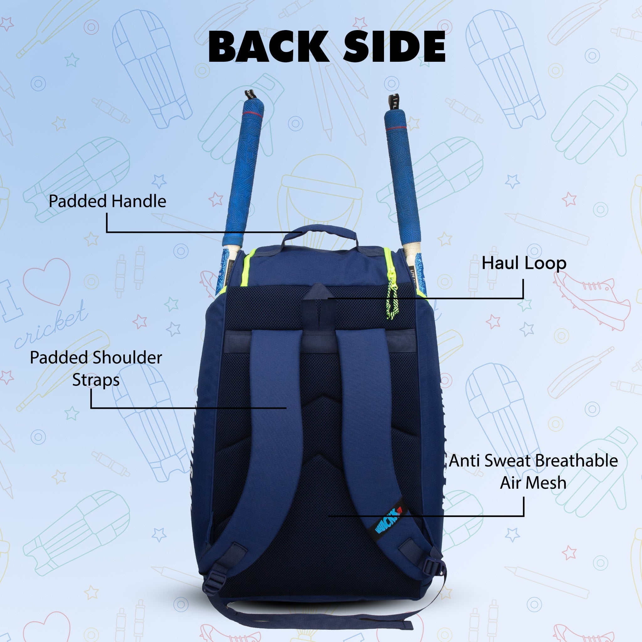 Crowe 60L Unisex Navy Cricket Kit Bag Backpack | Youth Size | 2 Bat | Shoe/Helmet Pocket | Main Compartment 14.75" Leg Pad | Bottle Holder | Easy Access Pocket | Player Edition Youth