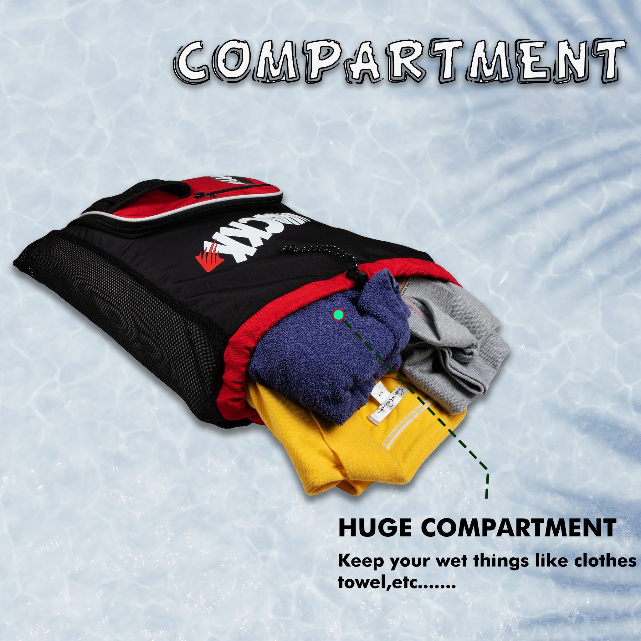 Freestyle Red Black 20L Unisex Swimming Equipment Bag | Water Sports | Wet Dry Compartments Bag | Beach | Drawstring Backpack|Pocket Cap & Goggles Mobile|Lightweight|Water Resistant | Men Women