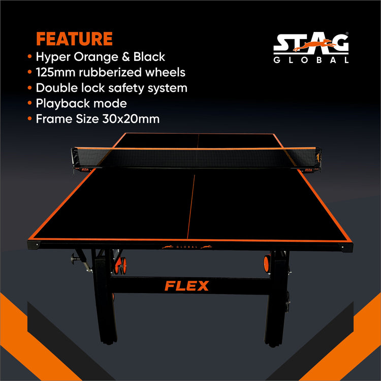 STAG GLOBAL Flex Table Tennis Table Black Top, Thickness 19mm with 2 TT Rackets, 6 Balls, 1 Table Cover & Clamp Net