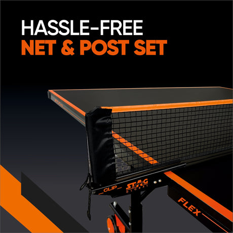 STAG GLOBAL Flex Table Tennis Table Black Top, Thickness 19mm with 2 TT Rackets, 6 Balls, 1 Table Cover & Clamp Net